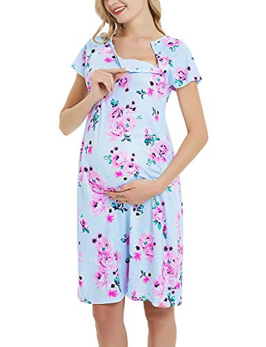 Maternity Labor Delivery Gown Hospital Nightgown Nursing Nightdress with Matching Pillowcase Blue Floral Dress L - Thumbnail 3