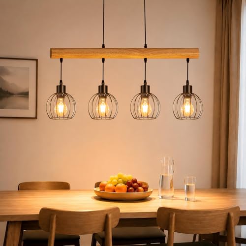ZMH Vintage Hanging Lamp Wood 4 Bulbs - Pendant Light Dining Table in Industrial Design Black Retro Pendant Light Dining Table Lamp Height Adjustable for Dining Room Kitchen Living Room Bar (Light