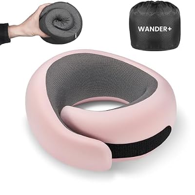 WANDER PLUS® Travel Neck Pillow, Pure Memory Foam Neck Pillow for Airplanes, Comfortable Breathable Cover, 360 Degree Support Ergonomic Design Best for Sleeping Plane Train Travel Essentials Max Pink