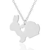 Cute Bunny Hollow Heart Pendant Stainless Steel Necklace for Women Teens Polished Lovely Rabbit Charm Choker Necklaces Adjustable Chain Delicate Fashion Easter Day Holiday Jewelry Animal Lovers