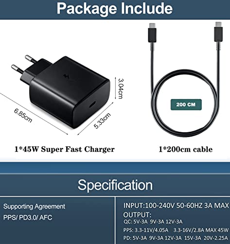 45 W Fast Charger with Charging Cable for Samsung Galaxy Tablet Tab A11 A9+, A9, S7 S8 S9 S9+ S10 S11 FE Plus Ultra FE+, S26 S25 S24 S23 USB C Fast Charging Cable Charger for Lenovo Tab M11 Tablet Charger
