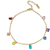 Colorful Crystal Bracelet for Women Titanium Steel Rainbow Diamond CZ Dangle Charm Link Bracelet Chian 18K Gold Plated Adjustable Bracelet Dainty Jewelry Gifts