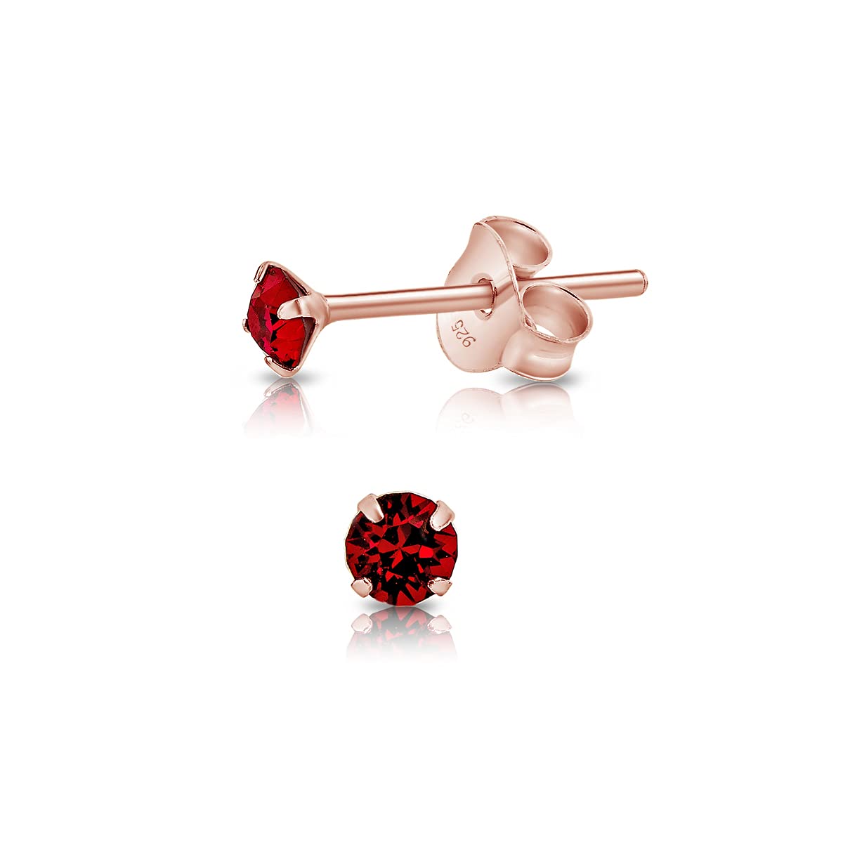 DTPSilver - 925 Sterling Silver Rose Gold plated Round TINY Stud Earrings made with Glittering Crystals from Swarovski® Elements - Diameter: 3 mm - Colour : Ruby