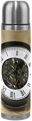 Saobao Clock Water Bottle Stainless Steel Double Wall Vacuum Insulatied Thermos Cup Leak Proof Travel Coffee Mug Genuine Leather Cover Keep Drinks Hot and Cold 17 Oz