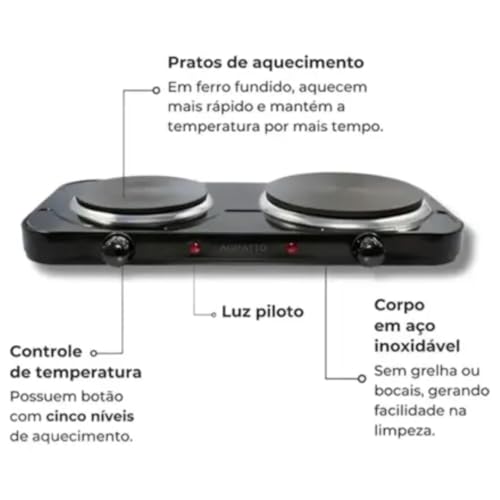 Agratto Fogão eletrico de mesa 2 pratos FMP-02 preto 220V 2500W