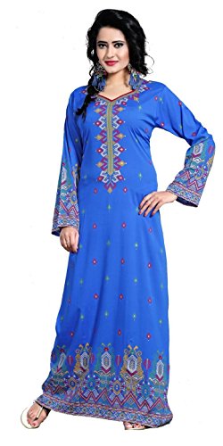 Women's Printed Blue Multi Maxi Dress Kaftan Long Sleeve TFMKF12491 Med (40)