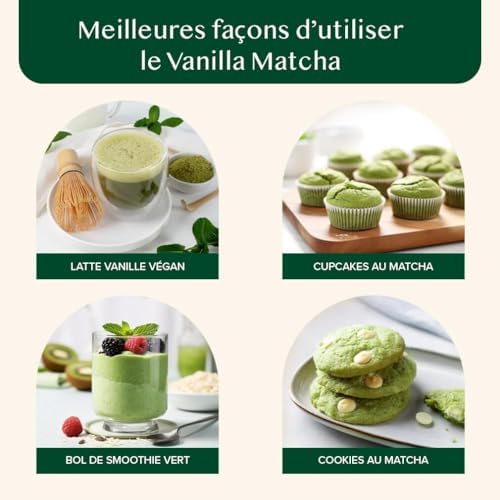 Poudre de Matcha à la Vanille 100g-50 Tasses | Matcha Uji & Vanille de Madagascar | 100% Naturel | Thé Vert Japonais Premium | Pour Latte & Thé