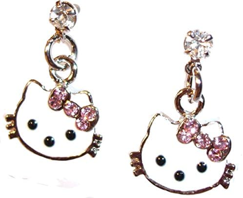 Hello Kitty Earrings C16 Clear Pink Crystal Stud Post Silver Tone Pierced Child