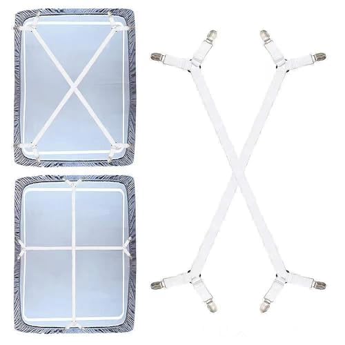 TRIXES White Corner Bed Sheet Clips x2 - Suspender Style Strap Fasteners - Adjustable Elastic Strap & Metal Clip