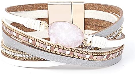 Leather Wrap Bracelets for Women, Multilayer Boho Double Wrap Bracelet Marble Beads Boho Wrap Bracelet Magnetic Clasp Cuff Bracelet Bohemian Jewelry Gift for Women