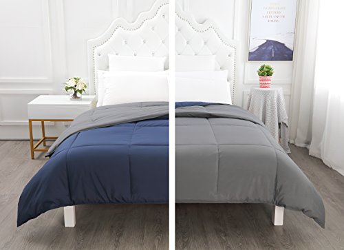 YGJT Comforter Set Queen Reversible Down Alternative Comforter Duvet Insert Thin Quilt for Spring Summer Autumn Lightweight Washable Navy Blue Grey 90 x 90 inch