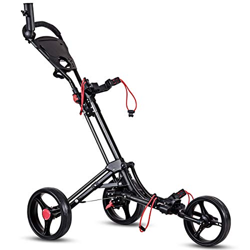 Tangkula Golf Cart 3 Wheels Foldable Hand Cart Easy Push and Pull Cart Trolley with Umbrella and Tee Holder