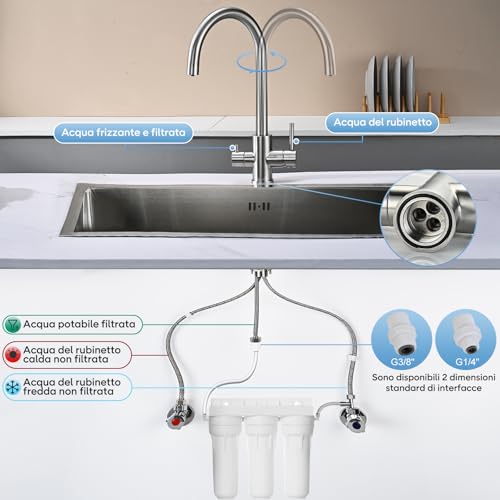 DETBOM 3 Way Kitchen Sink Tap for Osmosis Systems, 3 in 1 Double Lever Drinking Water, Hot and Cold, 360° Swivel, Stainless Steel, Brushed Silver