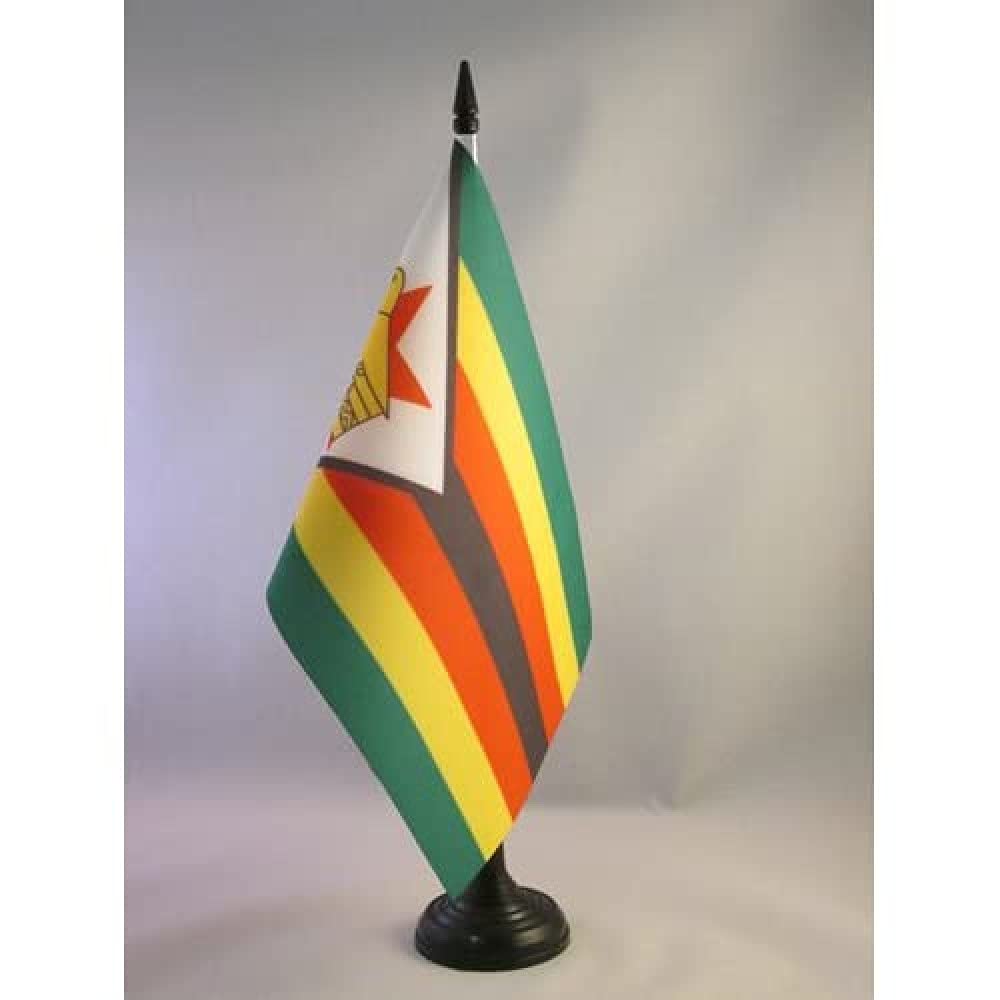 AZ FLAG Zimbabwe Table Flag 5'' x 8'' - Zimbabwean Office Decoration 100% Polyester 21 x 14 cm - Mini Desk Flag with Pole and Black Plastic Base — image 1