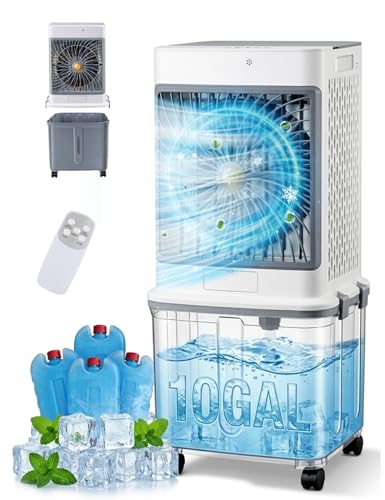 Swamp Cooler, 10-Gal Portable Air Conditioners Evaporative Air Cooler | Windowless AC Unit Cooling Fan That Blows Cold Air with Detachable Tank, 120° Swing, 3 Speeds for Garages, Patios, Apartments