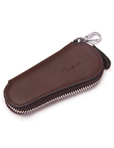 Contacts Mens Genuine Leather Car Key Holder Zipper Case Wallet Keychain Coffee