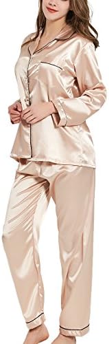 VlSl Womens Silk Satin Pajamas Set Two-Piece Long Sleeve Long Button-Down Sleepwear Loungewear