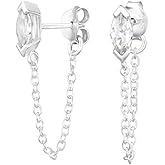 925 Sterling Silver CZ Crystal Marquise Stud Earrings with Connecting Chain