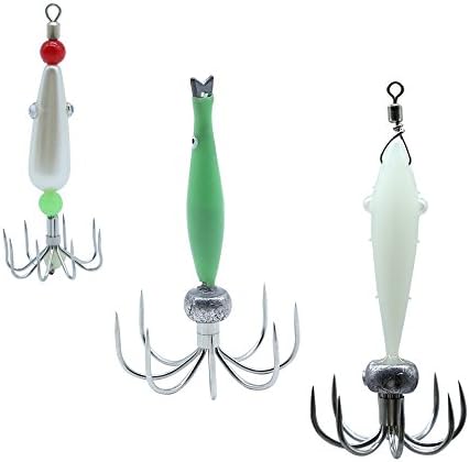 BMIETE 3pcs Squid Jig Luminous Effect Professional Saltwater Fishing Octopus Cuttlefish Hook Set