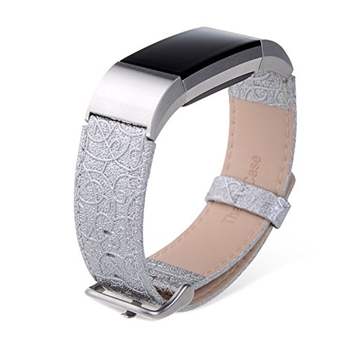 Fitbit Charge 2 band, Thankscase Genuine Leather Wrist strap Replacement with Top Quality Spring Bar and Embossed Pattern for 2016 Fitbit Charge 2 (Silver)