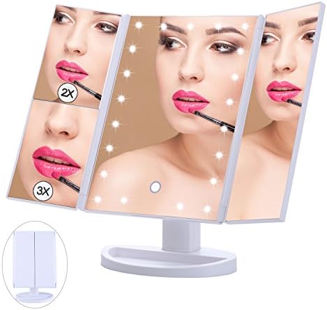 EMOCCI Lighted Vanity Mirror Makeup Tri-fold Mirrors with 2X 3X Magnification 21 LED Lights Touch Screen 180 Degree Rotation USB Charging for Countertop Bathroom Travel Make Up(White)