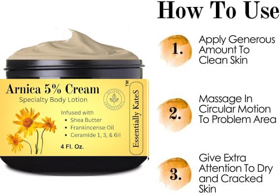 Arnica 5% Cream Body Lotion 4 Fl Oz - Infused with Ceramide 1, 3 and 6II - Packed with hydrating oils and butters, this rich body lotion helps relax and revitalize overworked muscles and joints.