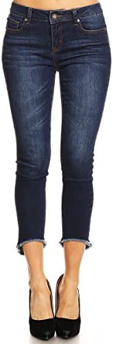 Enjean Women's Cropped Mid-Rise Skinny Jeans w/ Frayed Hem, Dark Wash (5)