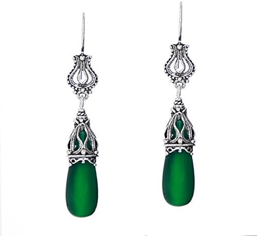 925 Sterling Silver &amp; Green Agate Filigree Conical Dangle Earrings