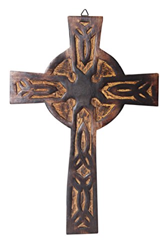 The StoreKing Wooden Wall Cross Plaque 15" Long Hanging with Hand Carvings Religious Altar Home Living Room Decor