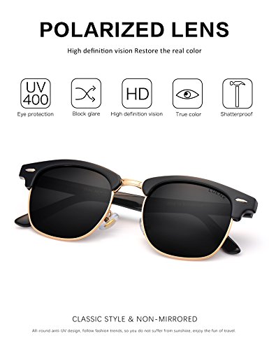 LUENX Men Semi Rimless Polarized Sunglasses UV 400 Protection Retro Classic Black Frame 51MM