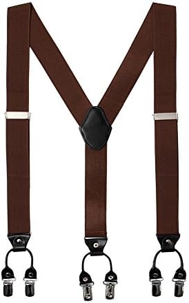 Jungle Crown Men’s Y Back 1.5” Wide Solid Straight Clip Suspenders &amp; Adjustable Braces &amp; 6 Quality Controlled Clamps (Coffee)