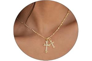 Rotnso Cross Necklace 14K Gold/Silver Plated Double Cross Pendant Necklace Dainty Trendy Diamond Cross Charm Link Chain Choker Delicate Faith Jewelry Religious Gifts for Women Teen Girls Men Boys