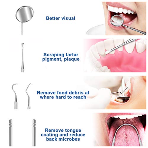 THZY Dental Tools Professional Teeth Hygienist Kit Stainless Steel Dental Pick Cleaning Set to Remove Plaque Tartar,Tongue Scraper,Tooth Scaler,Mouth Mirror for Personal & Pet Oral Care Use