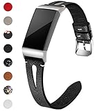 Maledan Bands Compatible for Fitbit Charge 3 and Charge 3 SE Fitness Activity Tracker, Slim Genuine Leather Band Replacement Accessories Strap for Charge3 Special Edition, Women Men, Large, Black