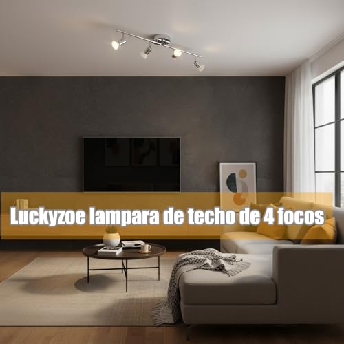 Luckyzoe Iluminación de Riel Led de 4 Luces, iluminación puntual de techo, cabezal de luz giratorio flexible, lampara de riel, 4 luz (GU10), Sin foco, Cromo