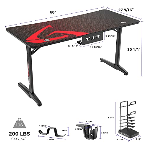 Gaming Desk, 60 Inch Computer Desk Carbon Fiber Surface Gamer Desk with Free