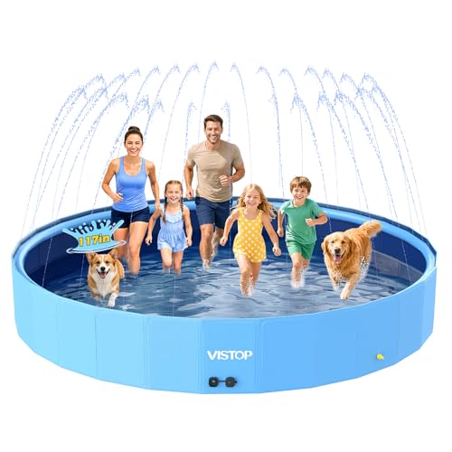 VISTOP 117" Extra Large Dog Pool with Sprinkler, Heavy Duty Foldable Hard Plastic Kiddie Pool, Non-Slip Collapsible Swimming Pool for Dogs, Kids & Pets, Portable Outdoor Backyard Water Play Tub