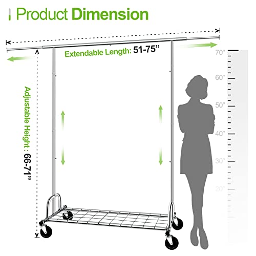 SPECILITE Heavy Duty Clothes Rail 2 in 1 with Wheels and Shelves, Adjustable Metal Coat Rack with Load Capacity of 216 kg