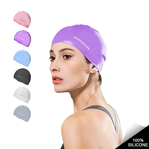 Msicyness Swim Cap for Men Women Silicone Swimming Hat for Adult Swimming Pool Laps Latex Rubber Reduce Water Intake Big Head Hair Guys Girl Bathing Cap (Purple)
