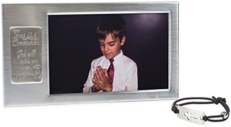 First Holy Communion Satin 4 x 6 Picture Frame and Cross Stretch Bracelet Gift Set