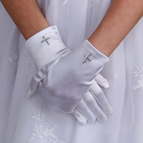 White First Communion Gloves with Rhinestone Cross for Girls by Tip Top