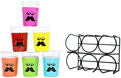 A Krazy Mug Moustache Emoji Hand Painted Traditional Tapri Tea Glasses with Iron Container Stand Holder (Multicolor, Set of 6, 90ml)