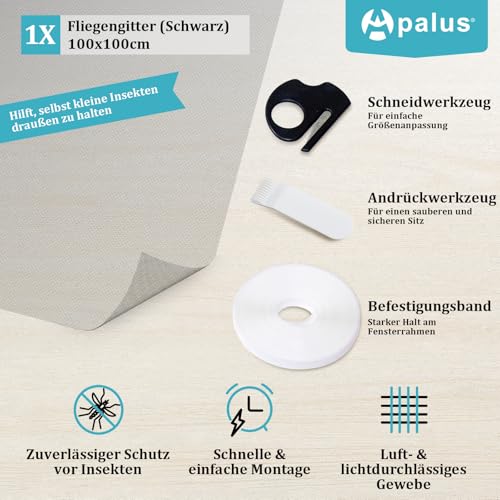 Apalus Window Fly Screen, Can be Cut to Window Sizes up to 100 x 100 cm, Insect Protection with Strong Velcro Tape, Easy Assembly, Pressing Aid and Cutter Included, Black
