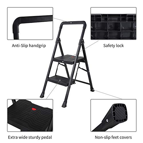 Topfun Folding 2 Step Ladder, Safety Lock Design, Sturdy Steel Ladder
