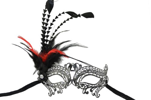 NEW Classic Venetian Design Swan Inspired Laser Cut Masquerade Mask - Elegantly Detailed and Decorated with Side Black and Red Feathers