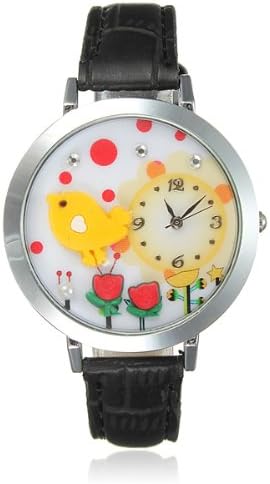 Eiffel Tower Cat Bear Bird Guitar Black Leather Women Watch.