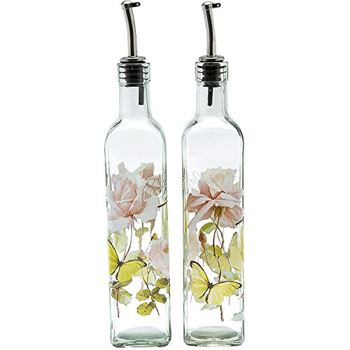 CEDAR HOME Olive Oil Bottle Set Glass Dispenser Vinegar Cruet 17oz. with Stainless Steel Leak Proof Pourer Spout for Cooking or Salad Dressing, 2 Pack, Pink