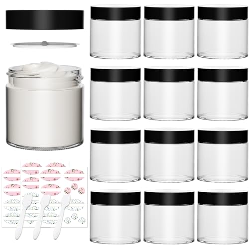 Yishik 4oz Clear Glass Jars with Lids,12 Pack Empty Round Cosmetic Jars Small Glass Containers with Inner Liners and Black Lids,120ml Refillable Cream Jar for Lotion,Makeup,Beauty Products