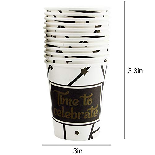 177 Piece Black and Gold Celebration Party Supplies Set Including Banner, Plates, Cups, Napkins, Tablecloth, Spoon, Forks, and Knives, Serves 25