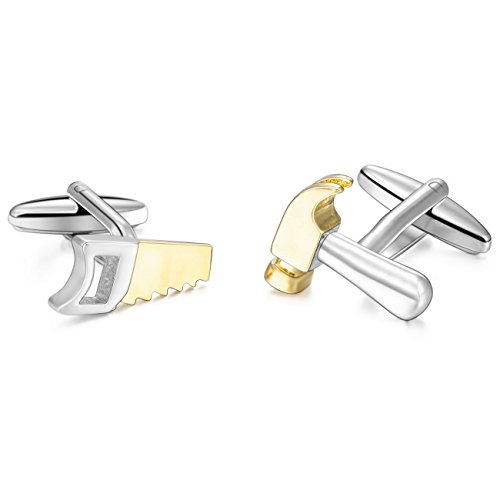 MOWOM Silver Gold Tone 2PCS Rhodium Plated Cufflinks Hammer & Hand Saw Shirt Wedding Business